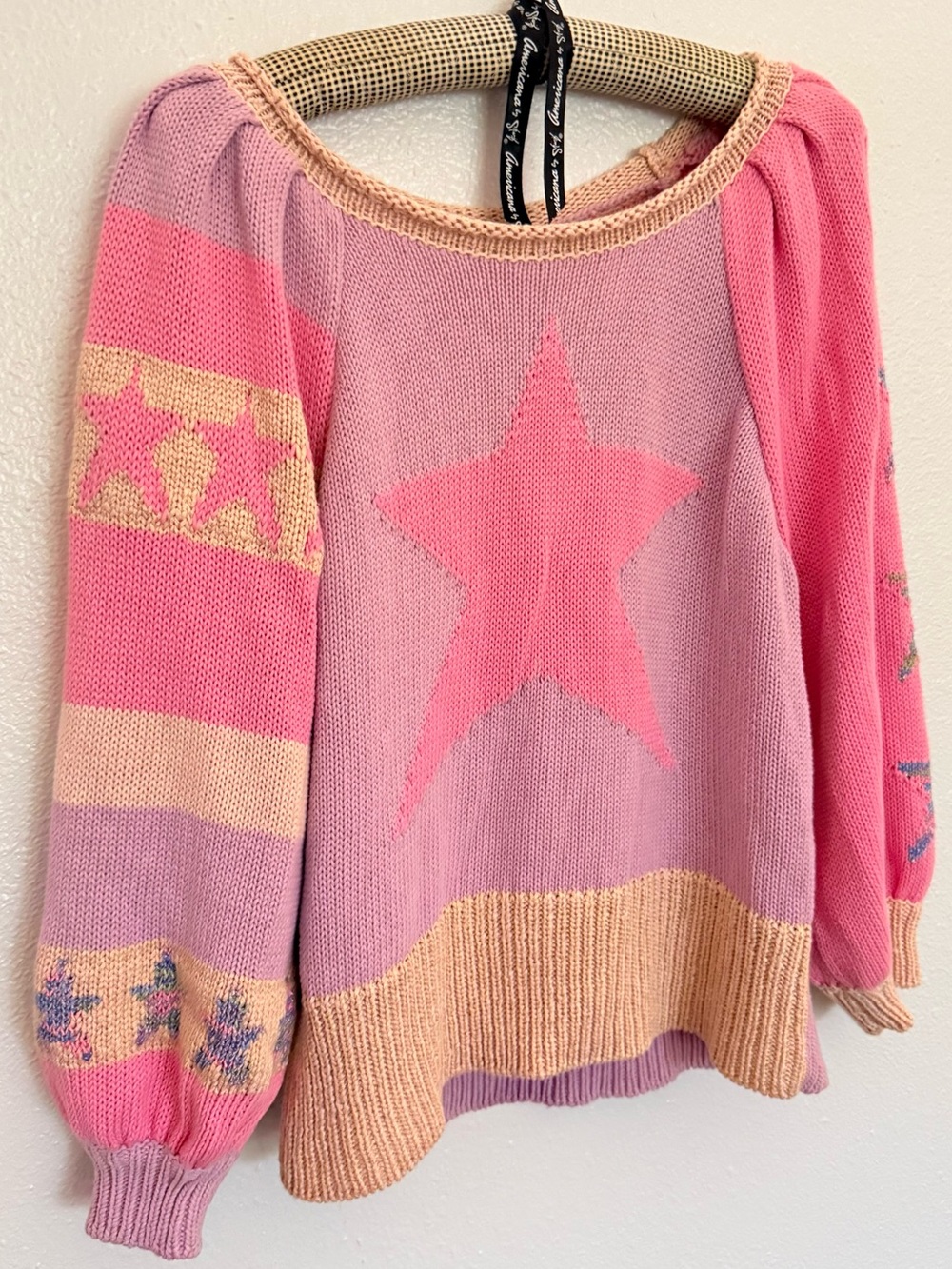 LoveShackFancy Pastel Star Sweater | Pink Patchwork Puff Sleeve Knit Size Small